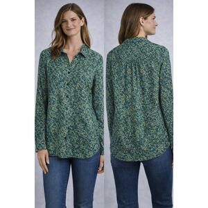 LOFT Button Down Blouse Womens Medium Green Teal Confetti Print Career Aesthetic